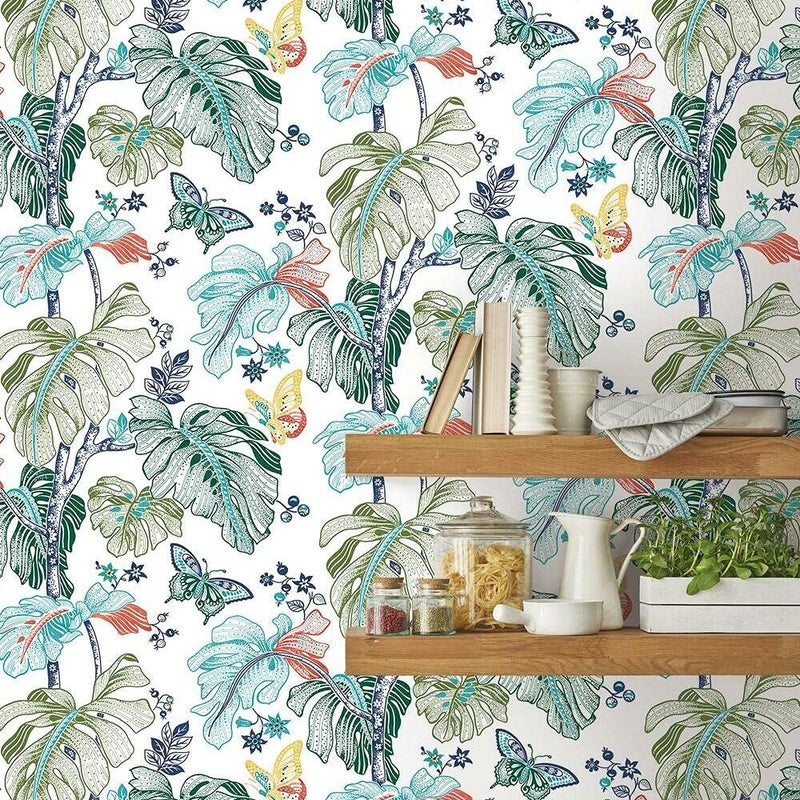 RoomMates RMK11587RL Multicolor Boho Palm Peel and Stick Wallpaper, Orange & Blue - Image 1